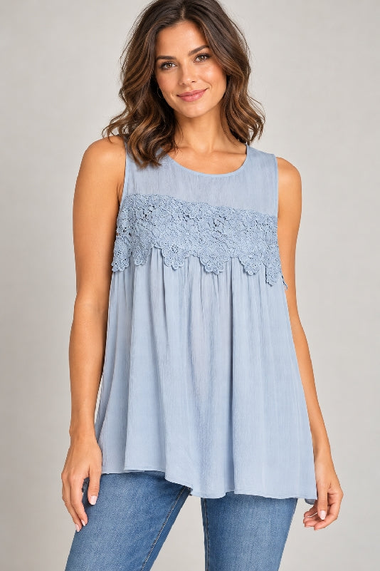 Mittoshop Flower Applique Sleeveless Top - Chambray Blue