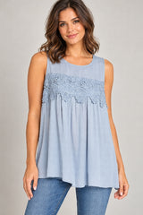 Mittoshop Flower Applique Sleeveless Top - Chambray Blue