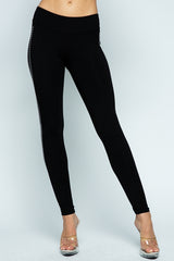 Vocal Side Striped Rhinestones Leggings - Black