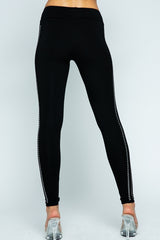 Vocal Side Striped Rhinestones Leggings - Black