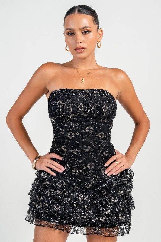 Metallic Lace Corset Waist Ruffles Mini Dress - Black