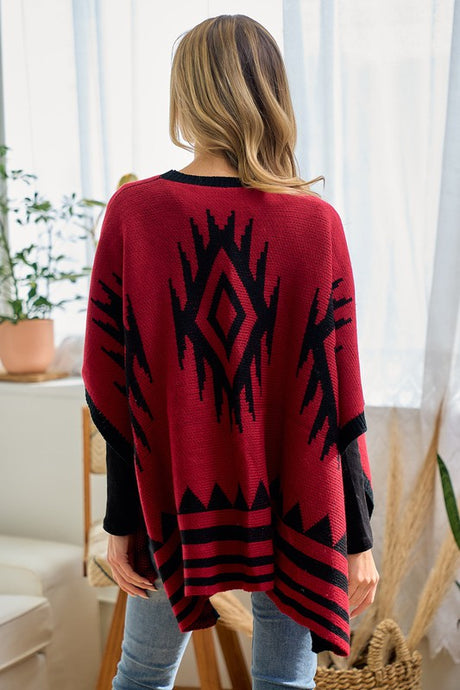 Shawl Wrap Poncho Ruana Aztec Pattern - Red Black