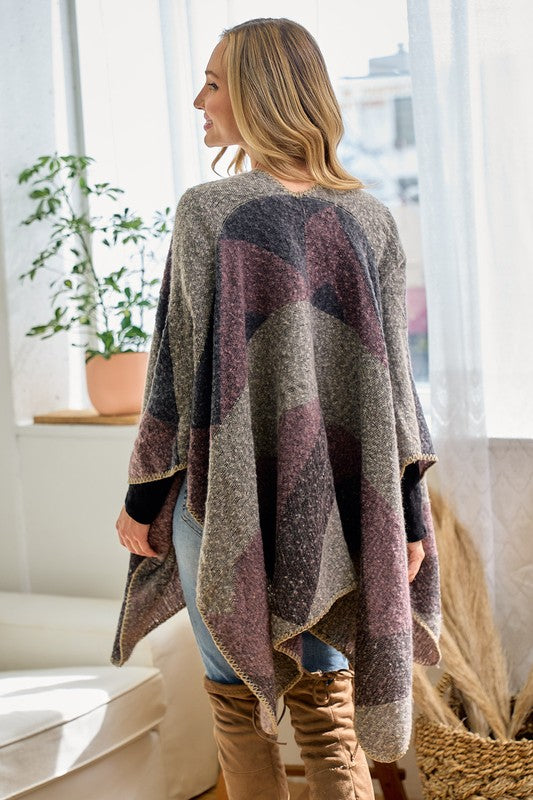 Geo Texture Wrap Poncho Shawl - Grey Multi