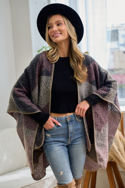 Geo Texture Wrap Poncho Shawl - Grey Multi