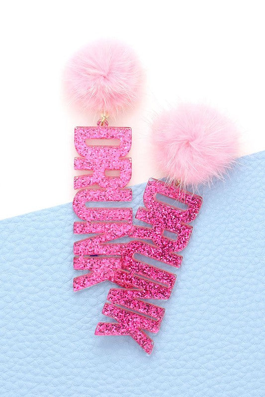 Pom Pom Glitter Dangle Earrings "Drunk" - Pink