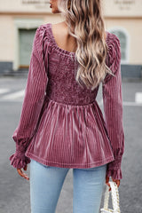 Cheeky Velvet Smocked Babydoll Peplum Top - Pink