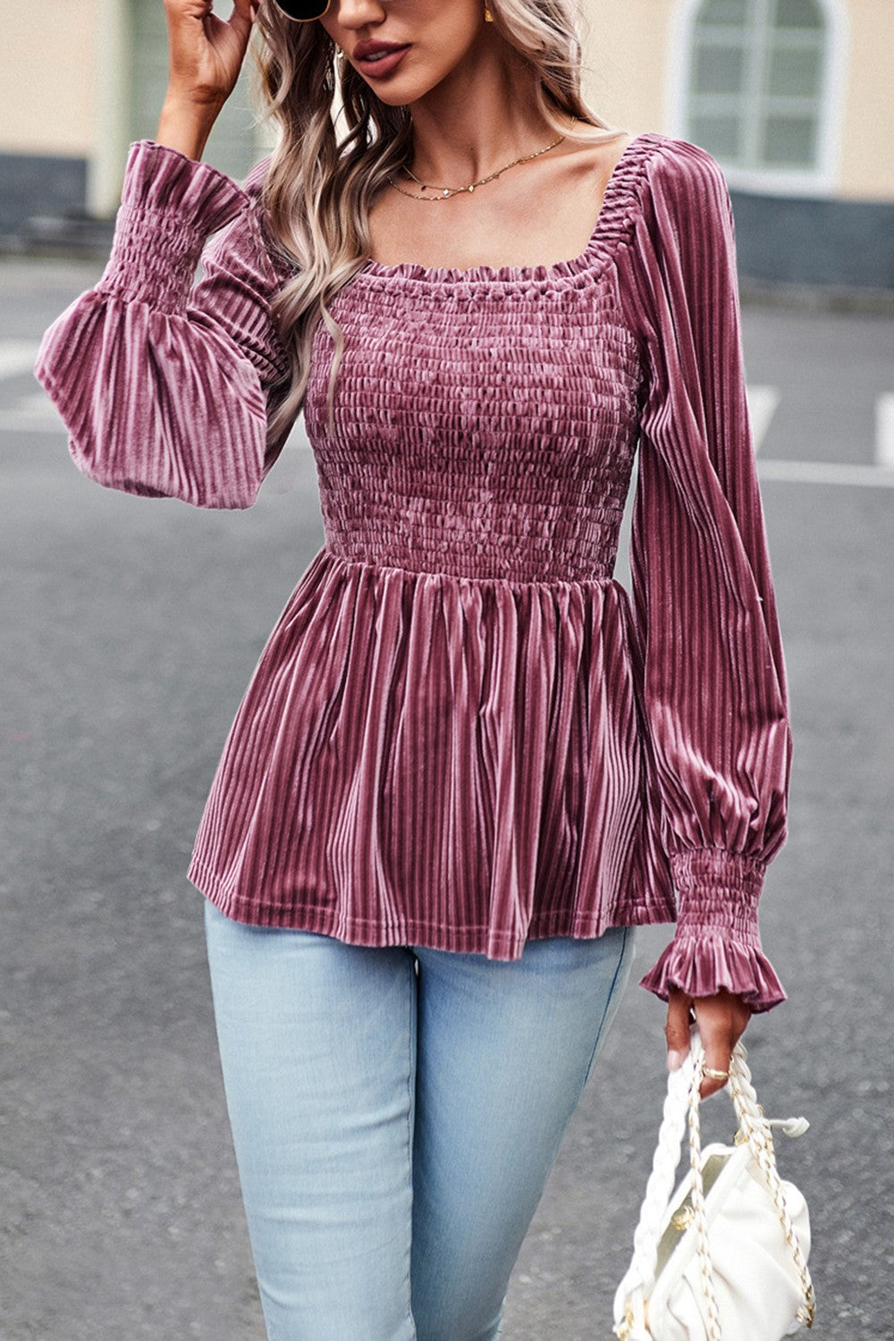 Cheeky Velvet Smocked Babydoll Peplum Top - Pink