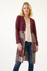 Mystree Burgundy Patchwork Duster Cardigan – Long Sleeve Boho Open Front
