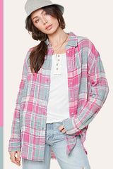 La Miel Mesh Open Knit Button Down Plaid Shirt - Pink Combo