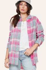 La Miel Mesh Open Knit Button Down Plaid Shirt - Pink Combo