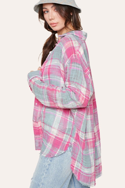 La Miel Mesh Open Knit Button Down Plaid Shirt - Pink Combo