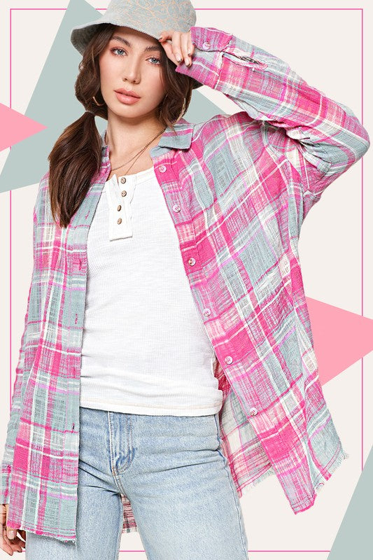 La Miel Mesh Open Knit Button Down Plaid Shirt - Pink Combo