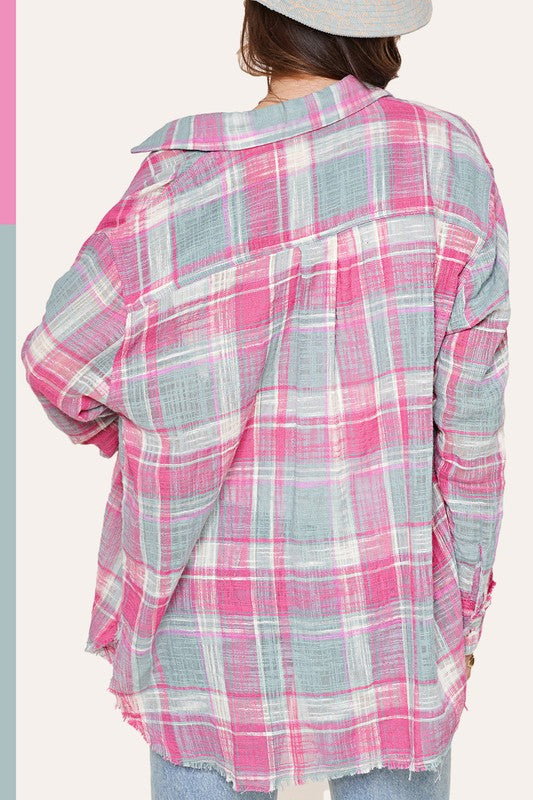 La Miel Mesh Open Knit Button Down Plaid Shirt - Pink Combo