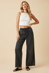 Floral Appliqué Wide Leg Pull-On Denim Pants - Black