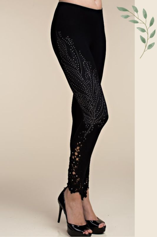 Vocal Leaf Print Rhinestone Leggings - Black