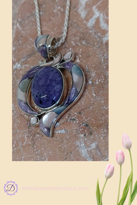 Charoite Gemstone Pink Shell Pendant Necklace