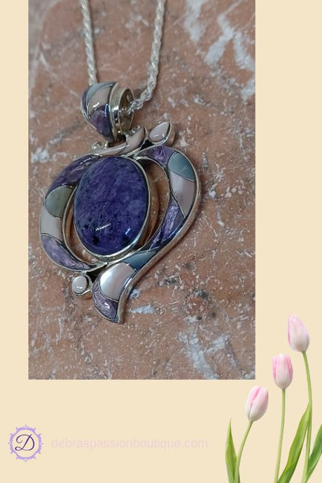 Charoite Gemstone Pink Shell Pendant Necklace