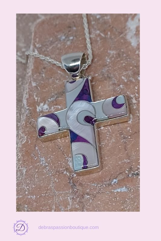 Silver Inlay Cross Pendant Necklace – Purple & Mother of Pearl by Ed Lohman