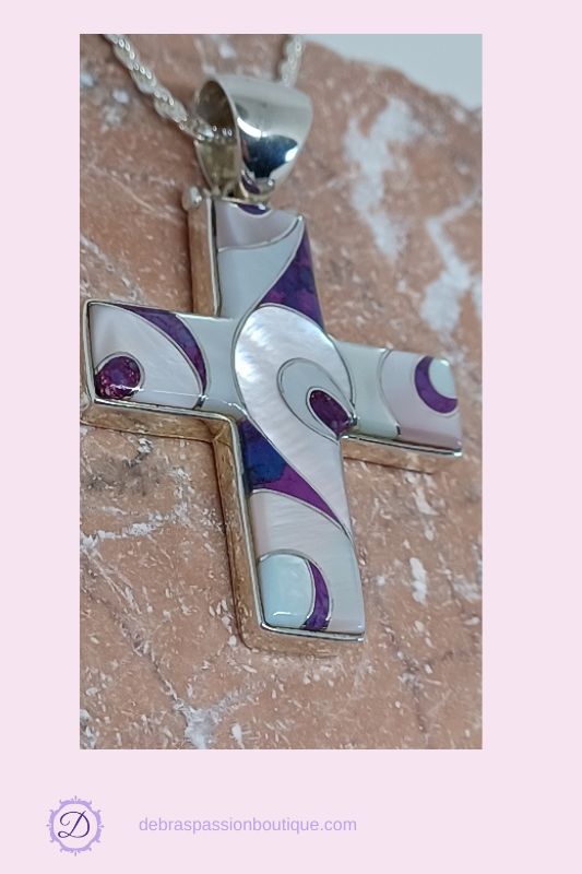 Silver Inlay Cross Pendant Necklace – Purple & Mother of Pearl by Ed Lohman