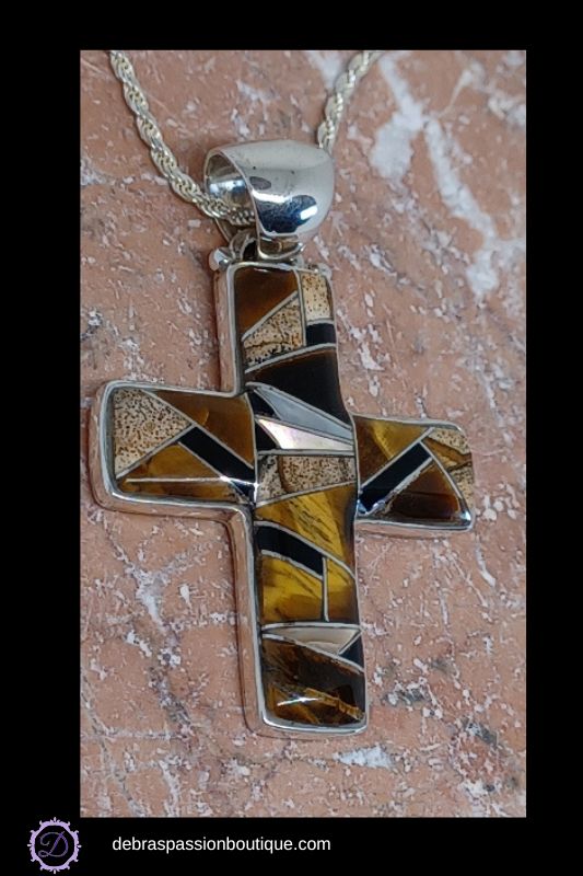 Silver Mosaic Large Cross Pendant Necklace – Tiger Eye & Earth Tone Inlay by Ed Lohman