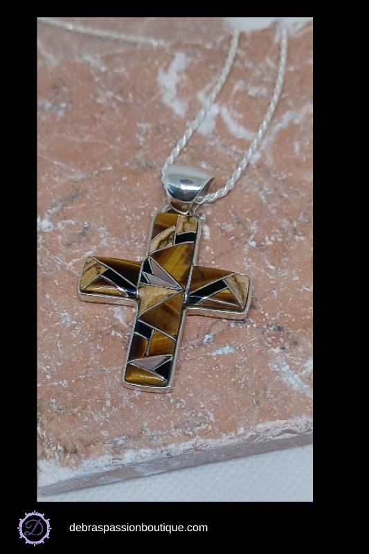 Silver Mosaic Cross Pendant Necklace – Tiger Eye & Earth Tone Inlay by Ed Lohman