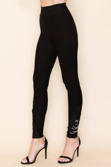 Vocal Crochet Lace and Rhinestone Ankle Detail Leggings - Black