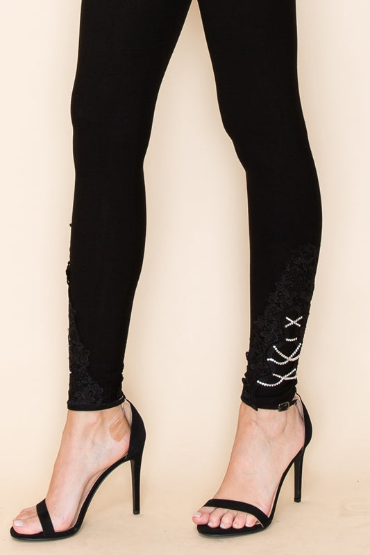 Vocal Crochet Lace and Rhinestone Ankle Detail Leggings - Black