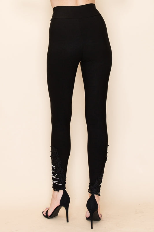 Vocal Crochet Lace and Rhinestone Ankle Detail Leggings - Black