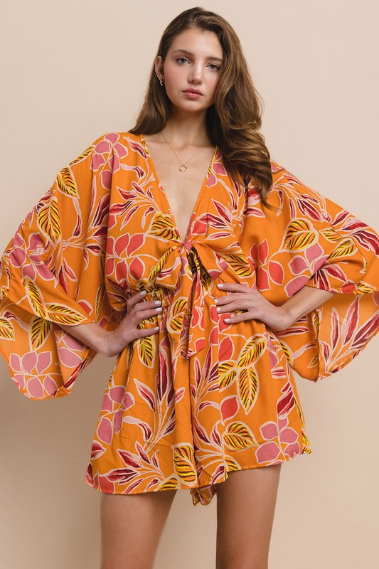 Wisteria Lane Batwing Sleeve Romper -  Orange