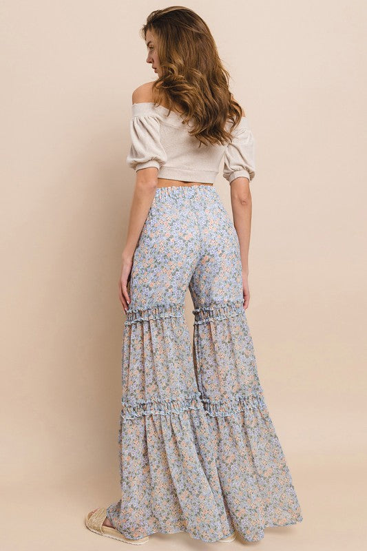 Wisteria Lane Chiffon Floral Print Palazzo Pants - Baby Blue