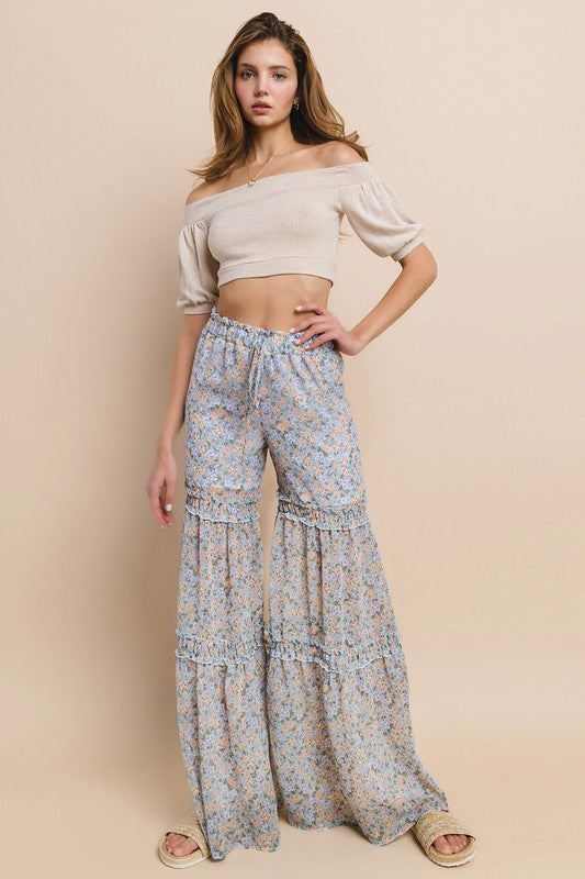 Wisteria Lane Chiffon Floral Print Palazzo Pants - Baby Blue