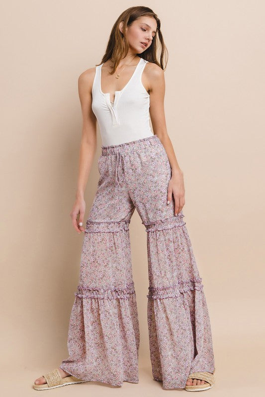 Wisteria Lane Chiffon Floral Print Palazzo Pants - Lavender