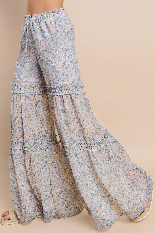 Wisteria Lane Chiffon Floral Print Palazzo Pants - Baby Blue