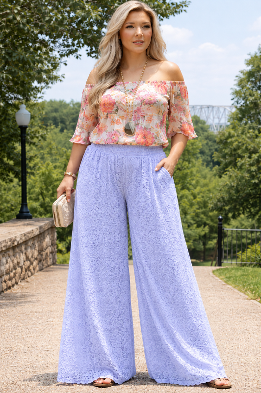 L&B Wide Floral Lace Plus Palazzo Pants - Lavender
