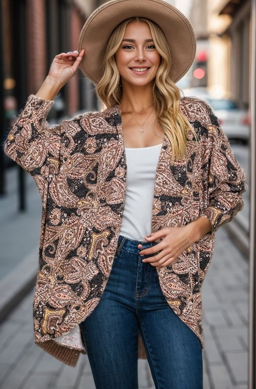 Paisley Dolman Sleeve Open Cardigan - Black Multi