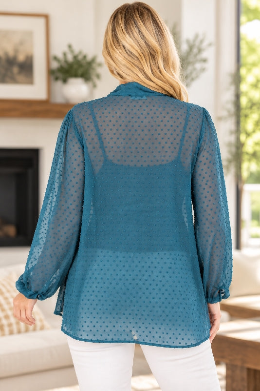 Janette Plus Bow Tie Swiss Dot Blouse - Teal