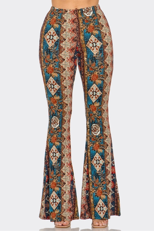 Bear Dance Boho Diamond Floral Skinny Brushed Pants - Teal