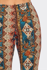 Bear Dance Boho Diamond Floral Skinny Brushed Pants - Teal