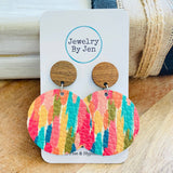 Wood Stud Circle Earrings - Colorful Brushstrokes