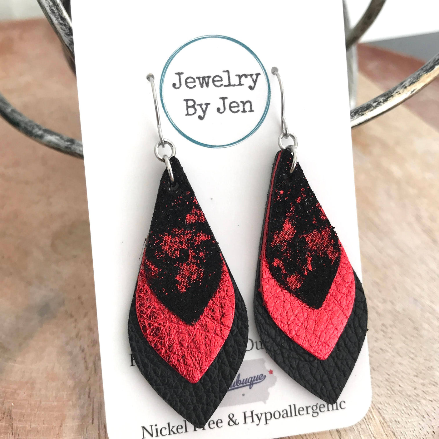 Skinny Layered Teardrop Leather Earrings - Black & Red