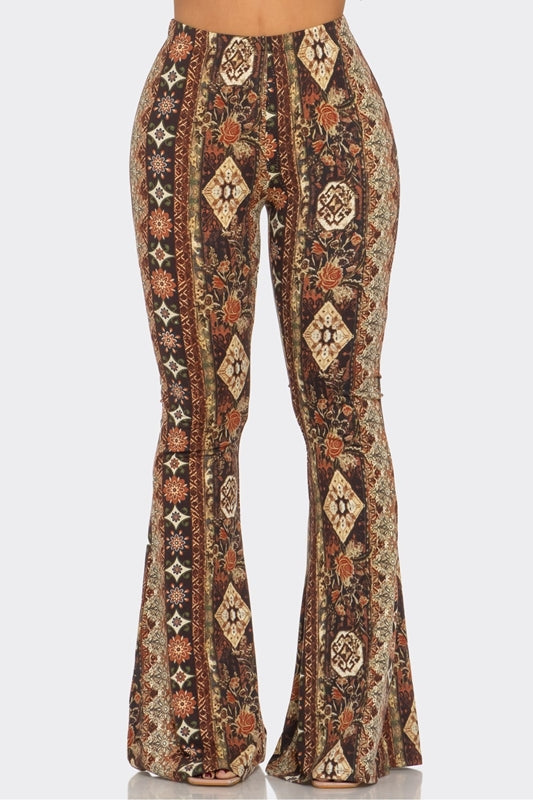 Bear Dance Boho Diamond Floral Skinny Brushed Pants - Brown