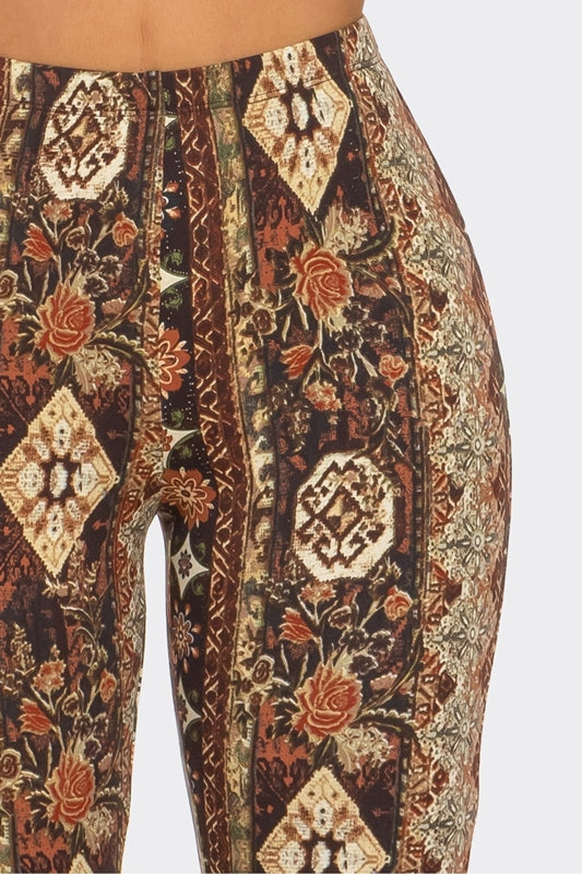 Bear Dance Boho Diamond Floral Skinny Brushed Pants - Brown