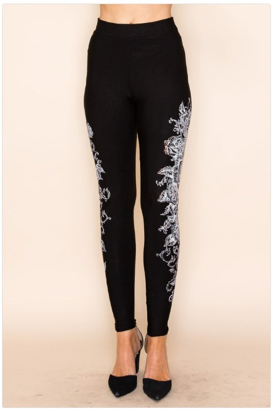Vocal Western Baroque Cross Side Rhinestones Leggings - Black