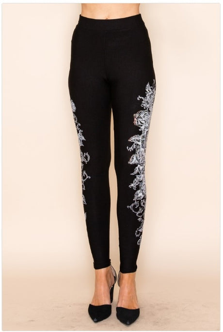 Vocal Western Baroque Cross Side Rhinestones Leggings - Black