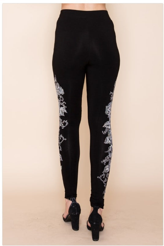 Vocal Western Baroque Cross Side Rhinestones Leggings - Black