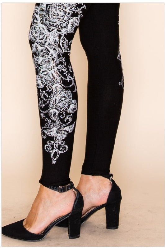 Vocal Western Baroque Cross Side Rhinestones Leggings - Black