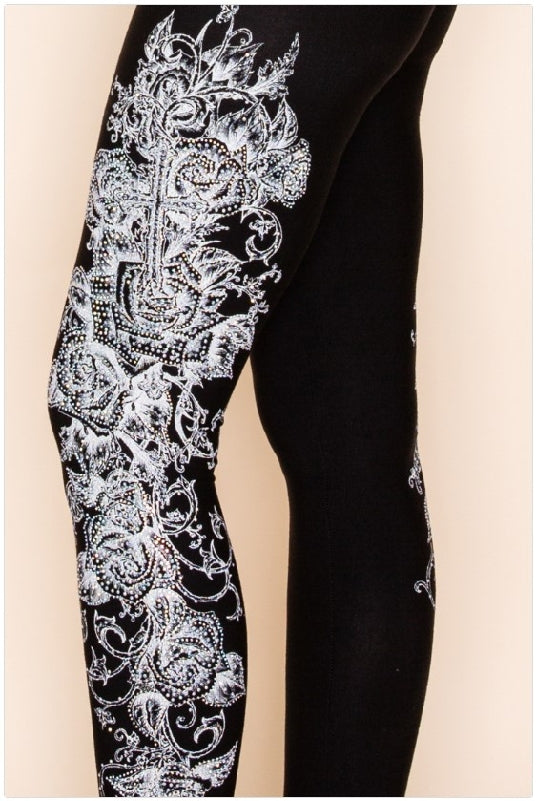 Vocal Western Baroque Cross Side Rhinestones Leggings - Black