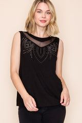 Vocal Rhinestone Mesh Drape Sleeveless Top - Black