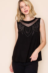 Vocal Rhinestone Mesh Drape Sleeveless Top - Black