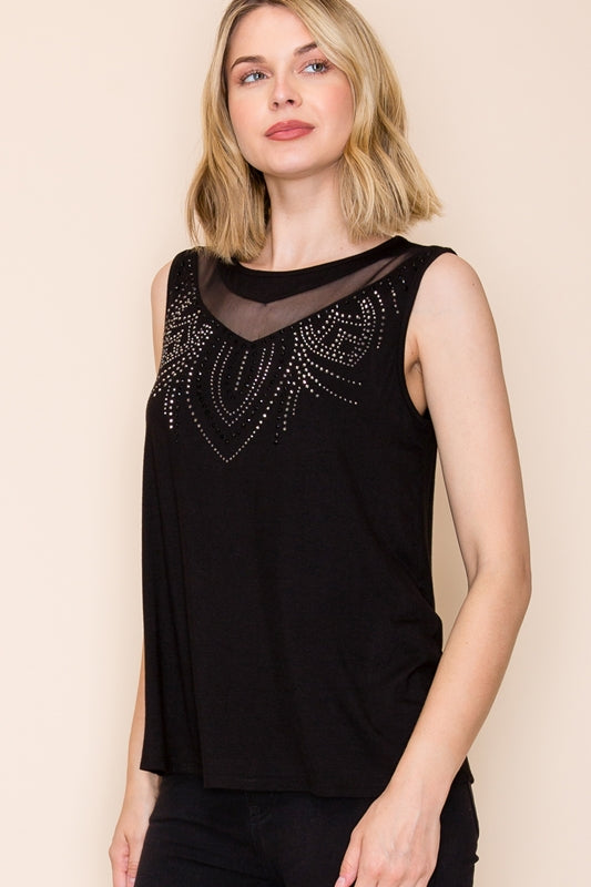 Vocal Rhinestone Mesh Drape Sleeveless Top - Black